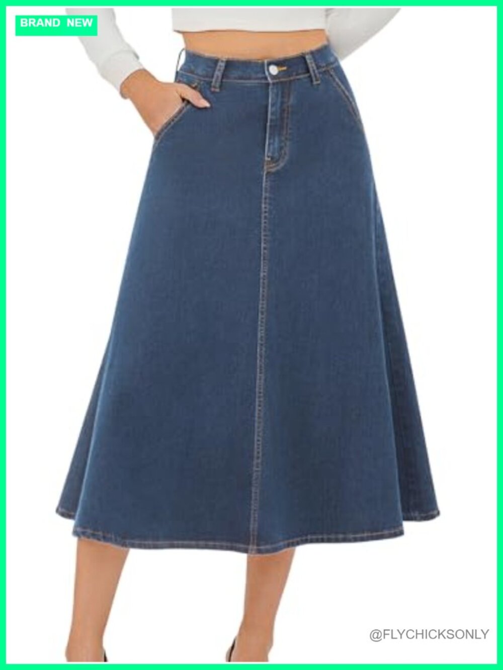 High Waisted A-Line Maxi Jean Skirt with Pockets - Stretchy Denim Midi Skirt